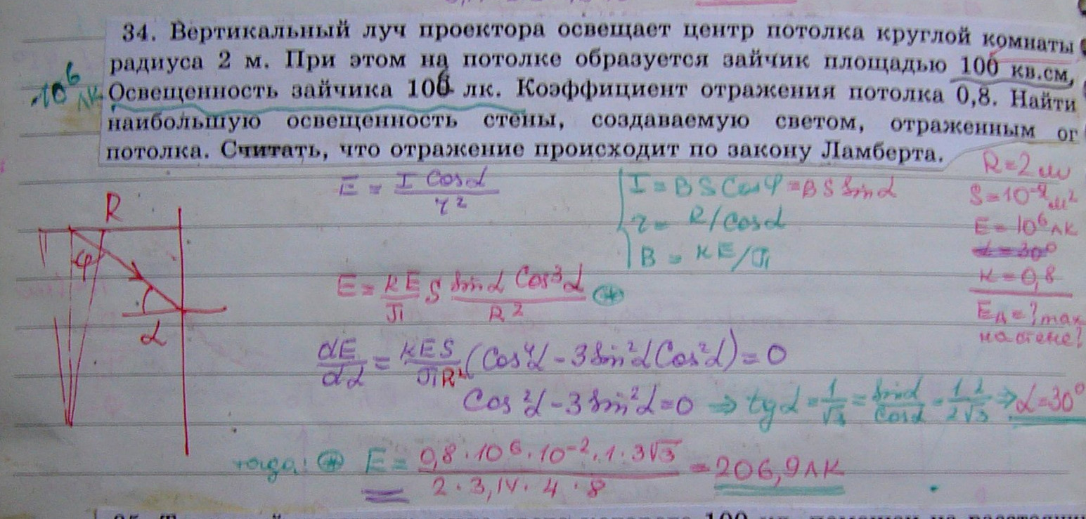 Вертикальный луч проектора освещает центр потолка круглой комнаты радиуса 2 м